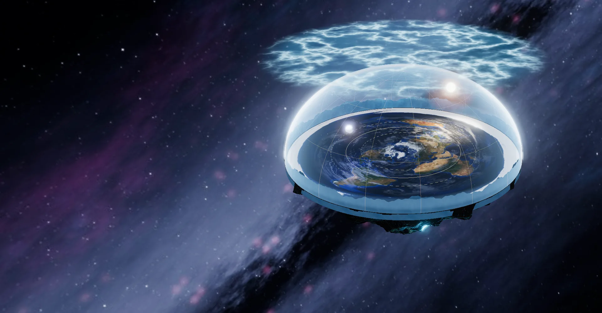 Maquete 3D do firmamento: o disco da terra, a muralha de gelo, o domo, o Sol, a Lua e as águas superiores.